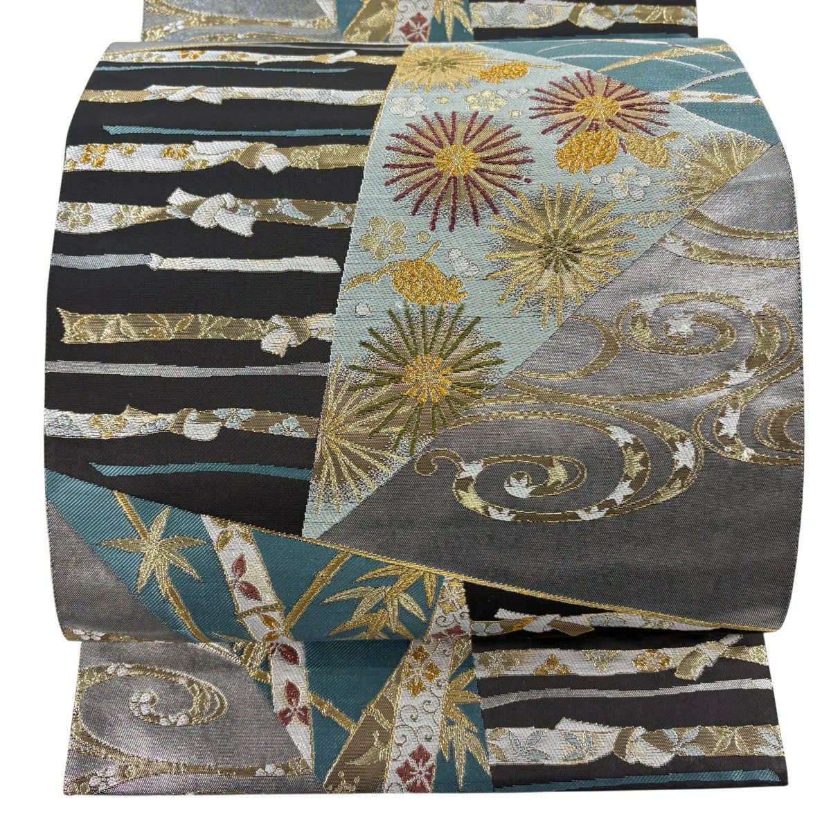 【美品】 袋帶 秀品級 松樹竹子梅花 束帶熨斗紋 金絲 金金箔 銀 六通 純蠶絲