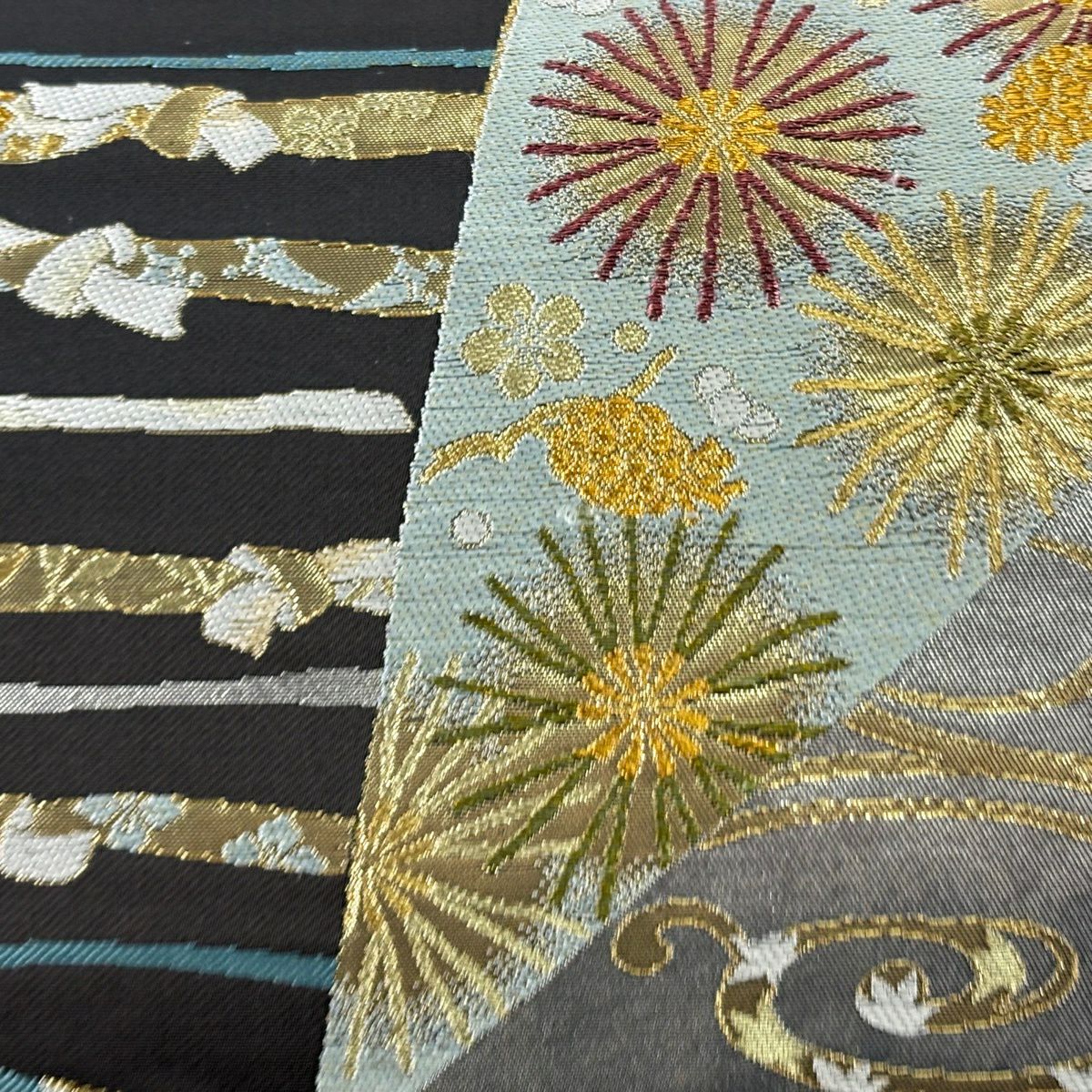 【美品】 袋帶 秀品級 松樹竹子梅花 束帶熨斗紋 金絲 金金箔 銀 六通 純蠶絲
