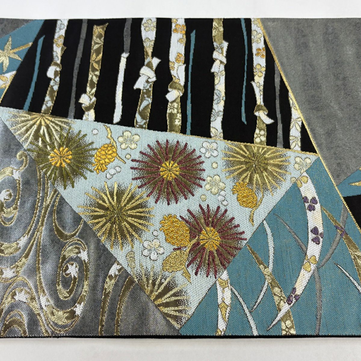 【美品】 袋帶 秀品級 松樹竹子梅花 束帶熨斗紋 金絲 金金箔 銀 六通 純蠶絲