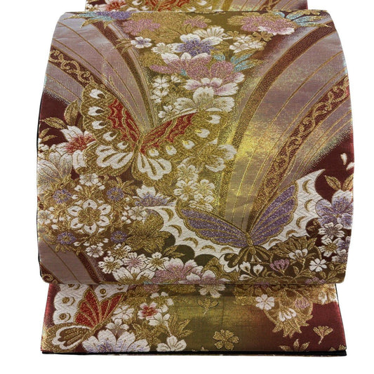 袋帶 秀品級 振袖禮服禮服用 櫻花 蝴蝶 金絲 金金箔 金色 六通 純蠶絲