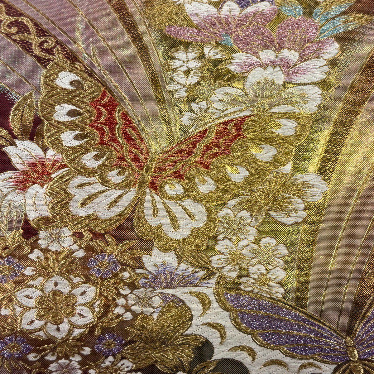 袋帶 秀品級 振袖禮服禮服用 櫻花 蝴蝶 金絲 金金箔 金色 六通 純蠶絲