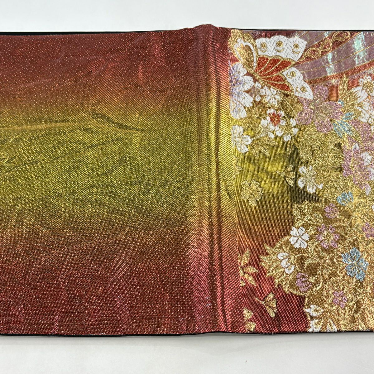袋帶 秀品級 振袖禮服禮服用 櫻花 蝴蝶 金絲 金金箔 金色 六通 純蠶絲