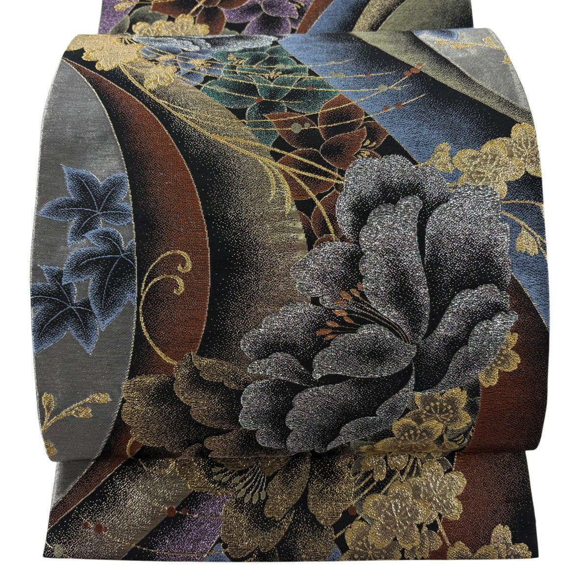 袋帶 秀品級 振袖禮服禮服用 牡丹 櫻花 金糸 金金箔 黑 六通 純蠶絲