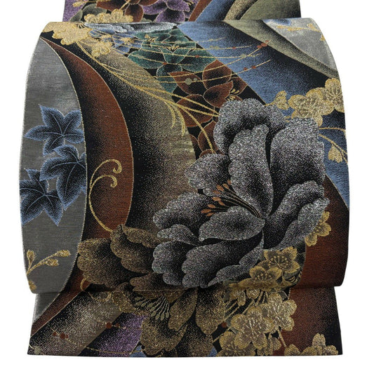 袋帶 秀品級 振袖禮服禮服用 牡丹 櫻花 金糸 金金箔 黑 六通 純蠶絲