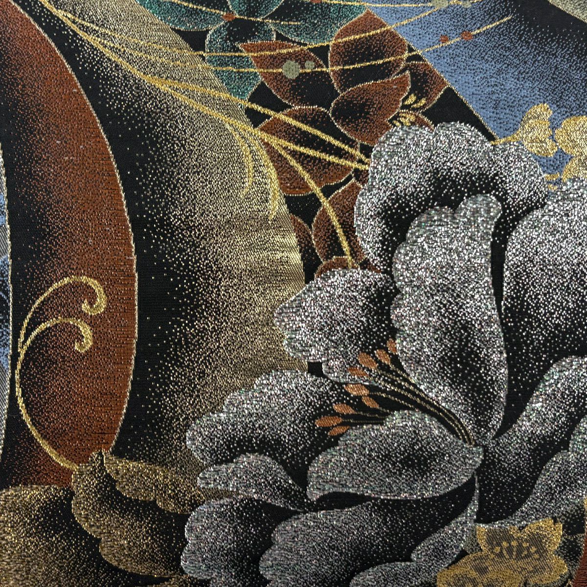 袋帶 秀品級 振袖禮服禮服用 牡丹 櫻花 金糸 金金箔 黑 六通 純蠶絲