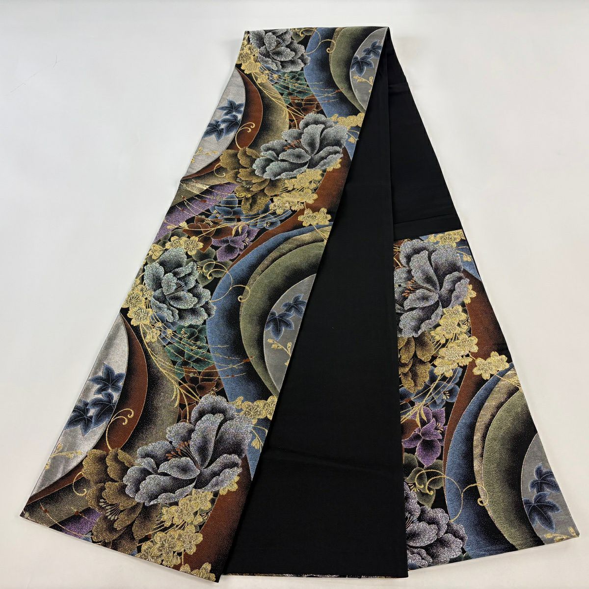 袋帶 秀品級 振袖禮服禮服用 牡丹 櫻花 金糸 金金箔 黑 六通 純蠶絲