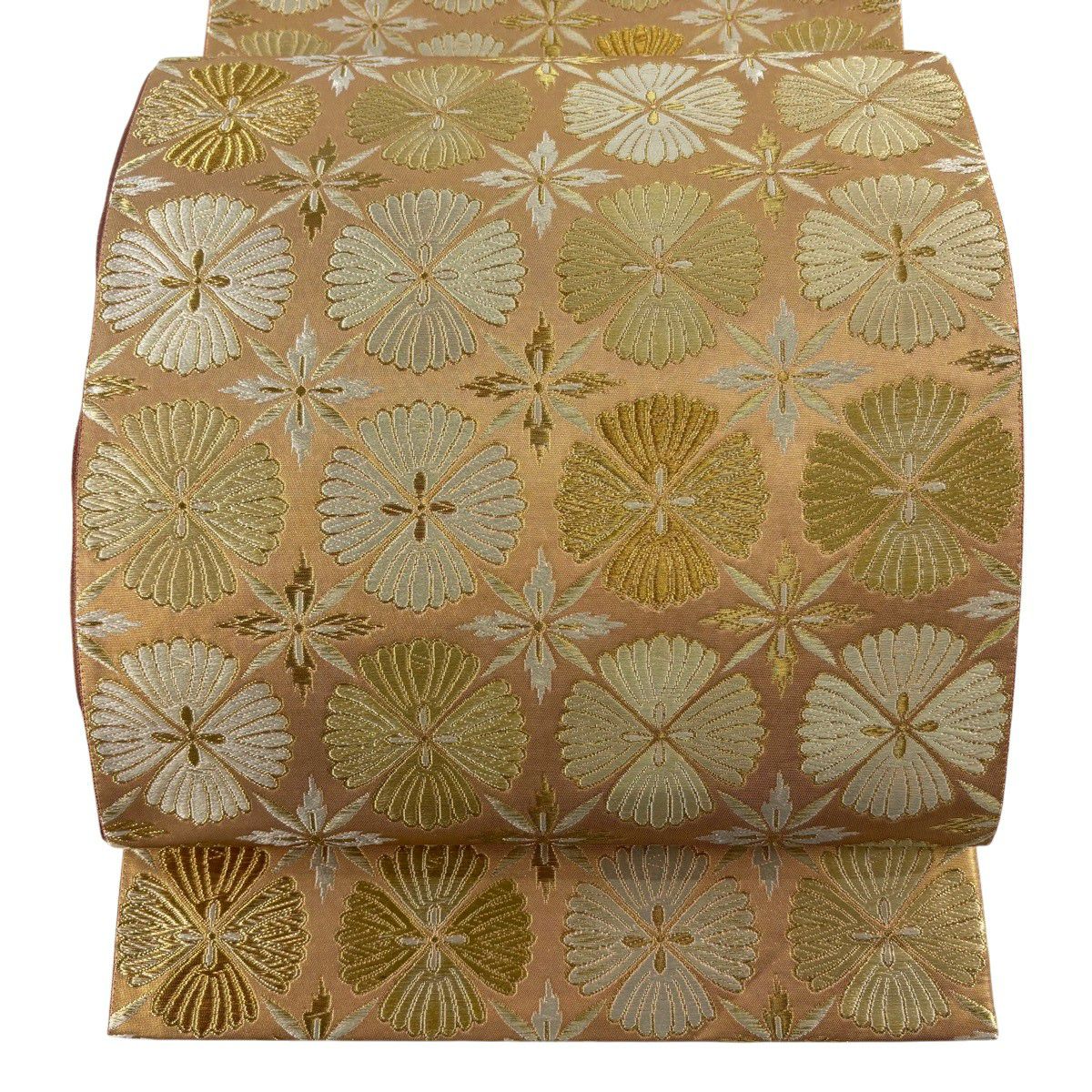 【美品】 袋帶 秀品級 市松樹菊花華紋 本金金箔 唐織 金 六通 純蠶絲