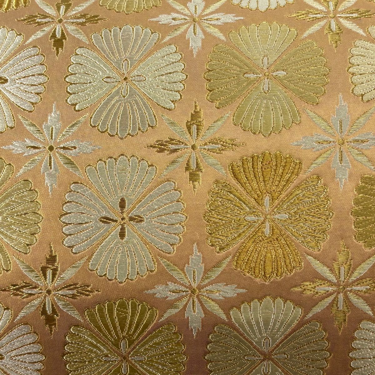【美品】 袋帶 秀品級 市松樹菊花華紋 本金金箔 唐織 金 六通 純蠶絲