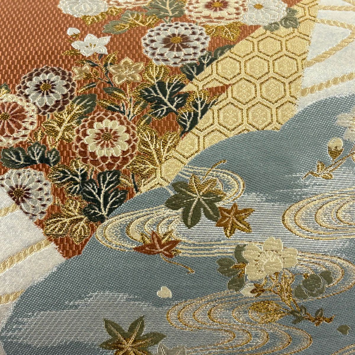 袋帶 秀品級 扇子 草花紋 金絲 金金箔 銀 六通 純蠶絲