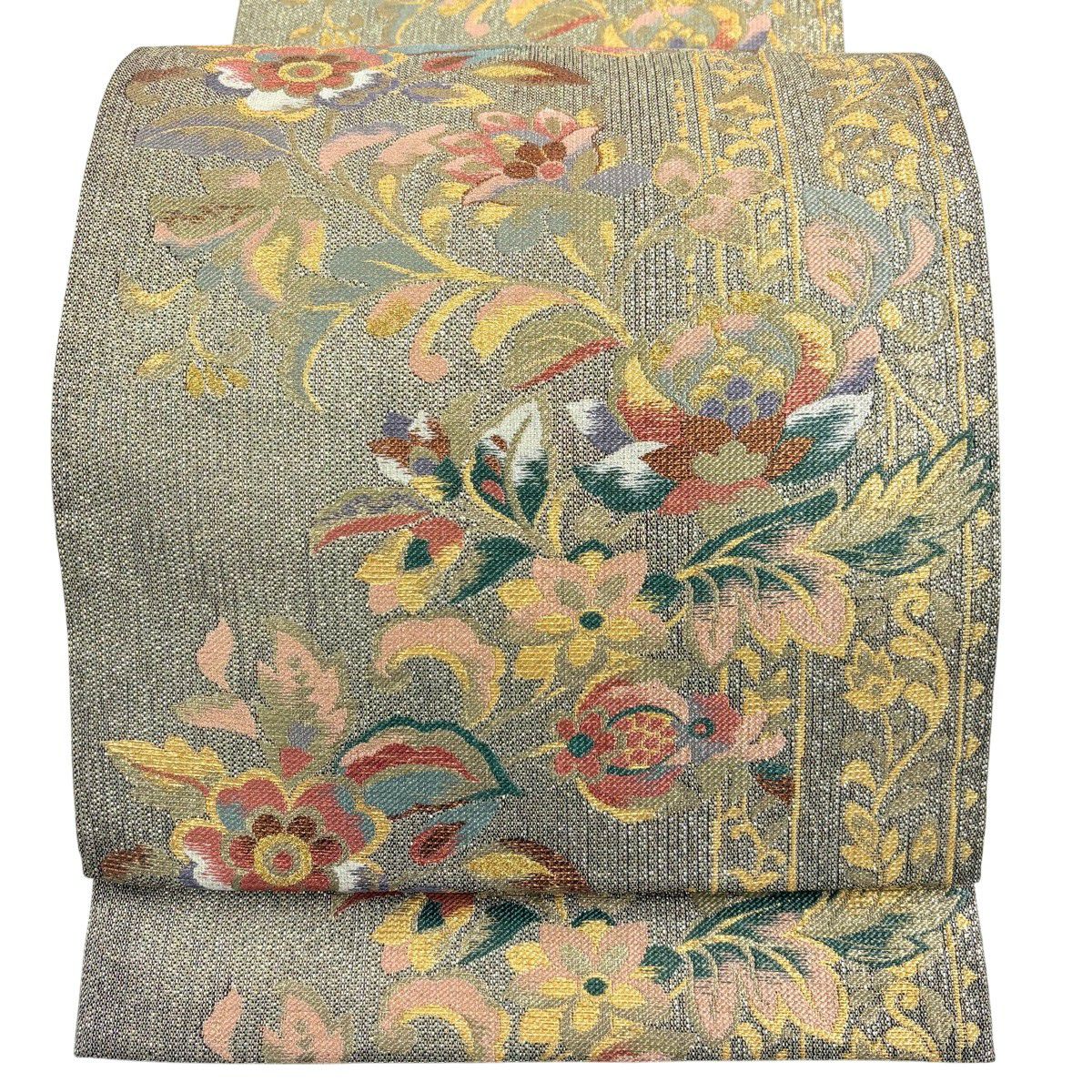 【美品】 袋帶 秀品級 正倉院裂 草花紋紋 金金箔 茶綠 六通 純蠶絲