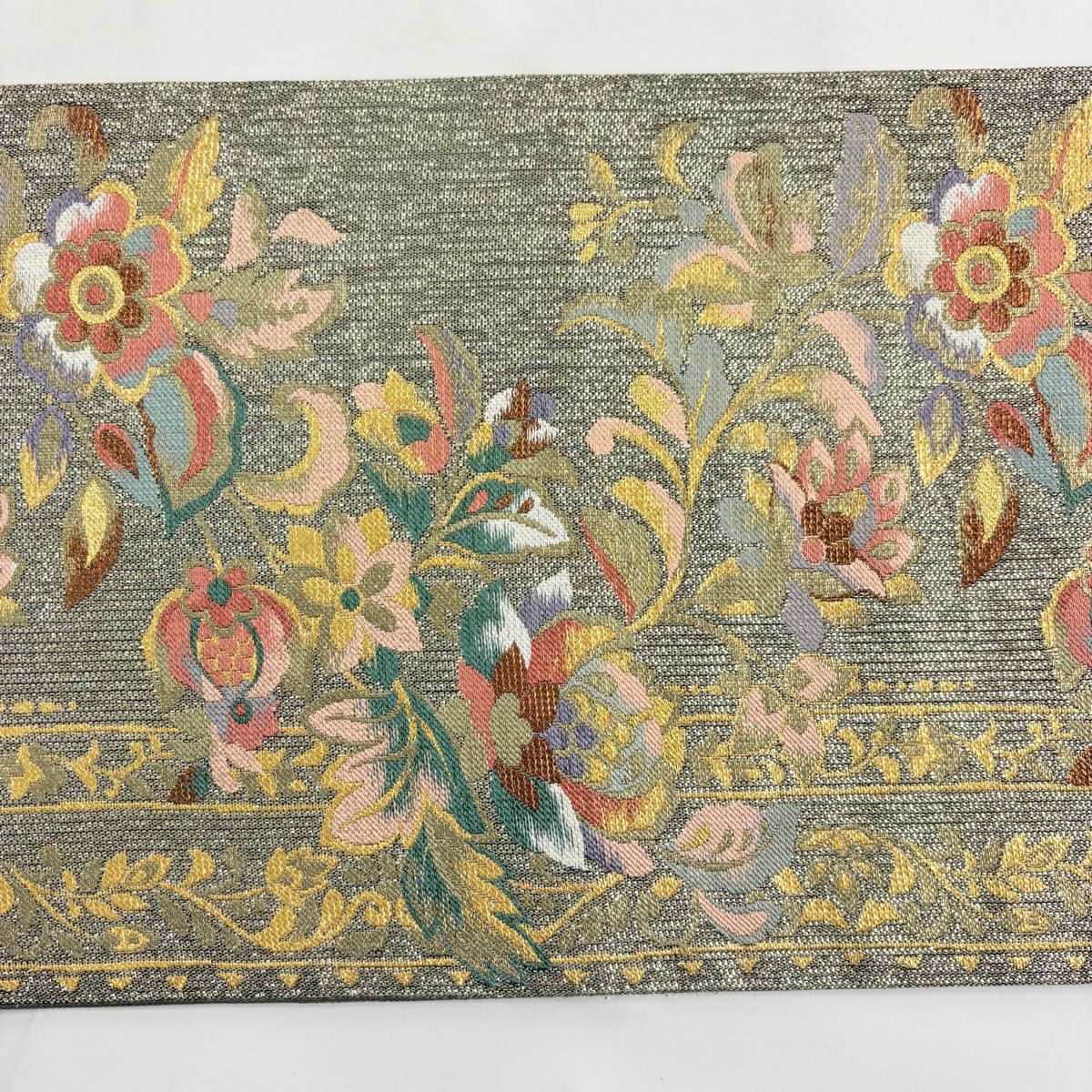 【美品】 袋帶 秀品級 正倉院裂 草花紋紋 金金箔 茶綠 六通 純蠶絲
