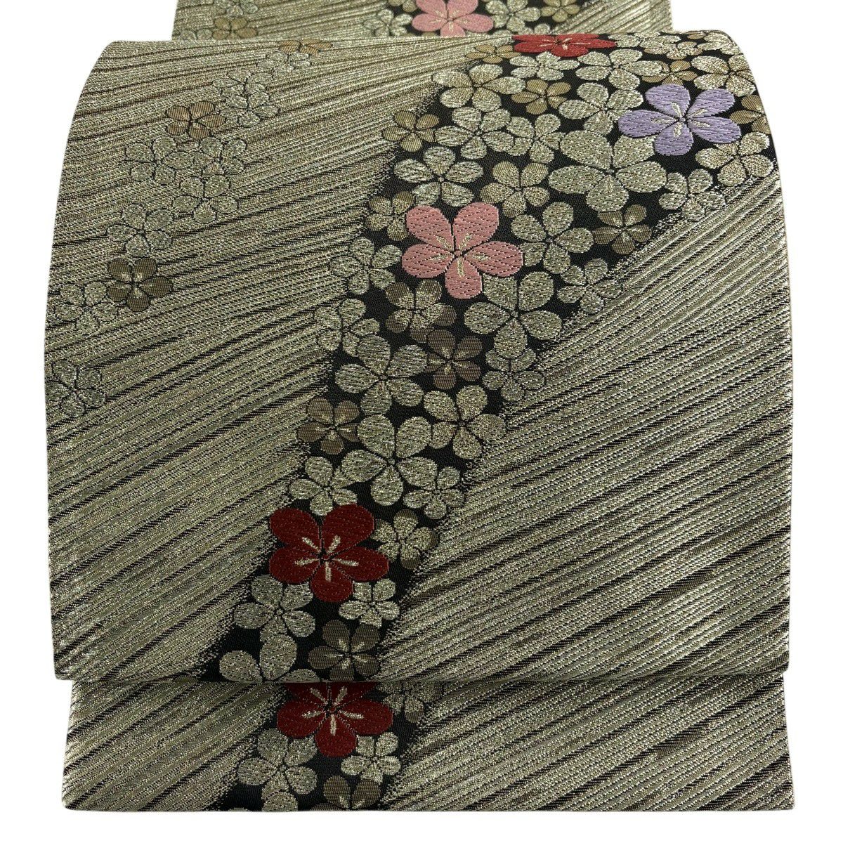 【美品】 袋帶 秀品級 梅花 斜紋 唐織 金金箔 金色 六通 純蠶絲
