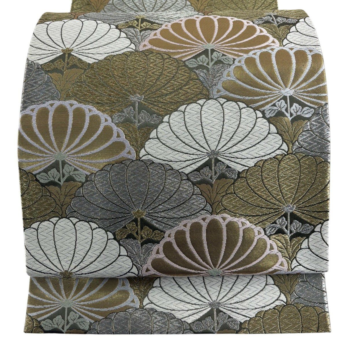 【美品】 袋帶 秀品級 證書附帶 唐織裝束裂 菊花 金銀線 唐織 灰綠 六通 純蠶絲