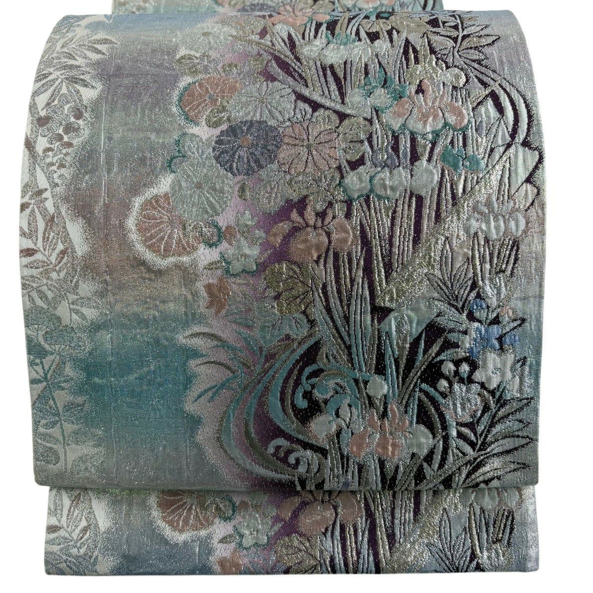 【美品】 袋帶 秀品級 草花紋 紋 流水 金金箔 漸層 紫 全通 純蠶絲