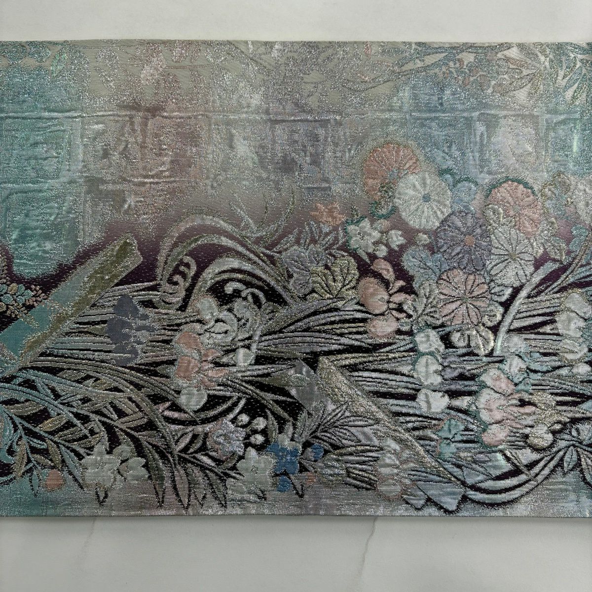 【美品】 袋帶 秀品級 草花紋 紋 流水 金金箔 漸層 紫 全通 純蠶絲