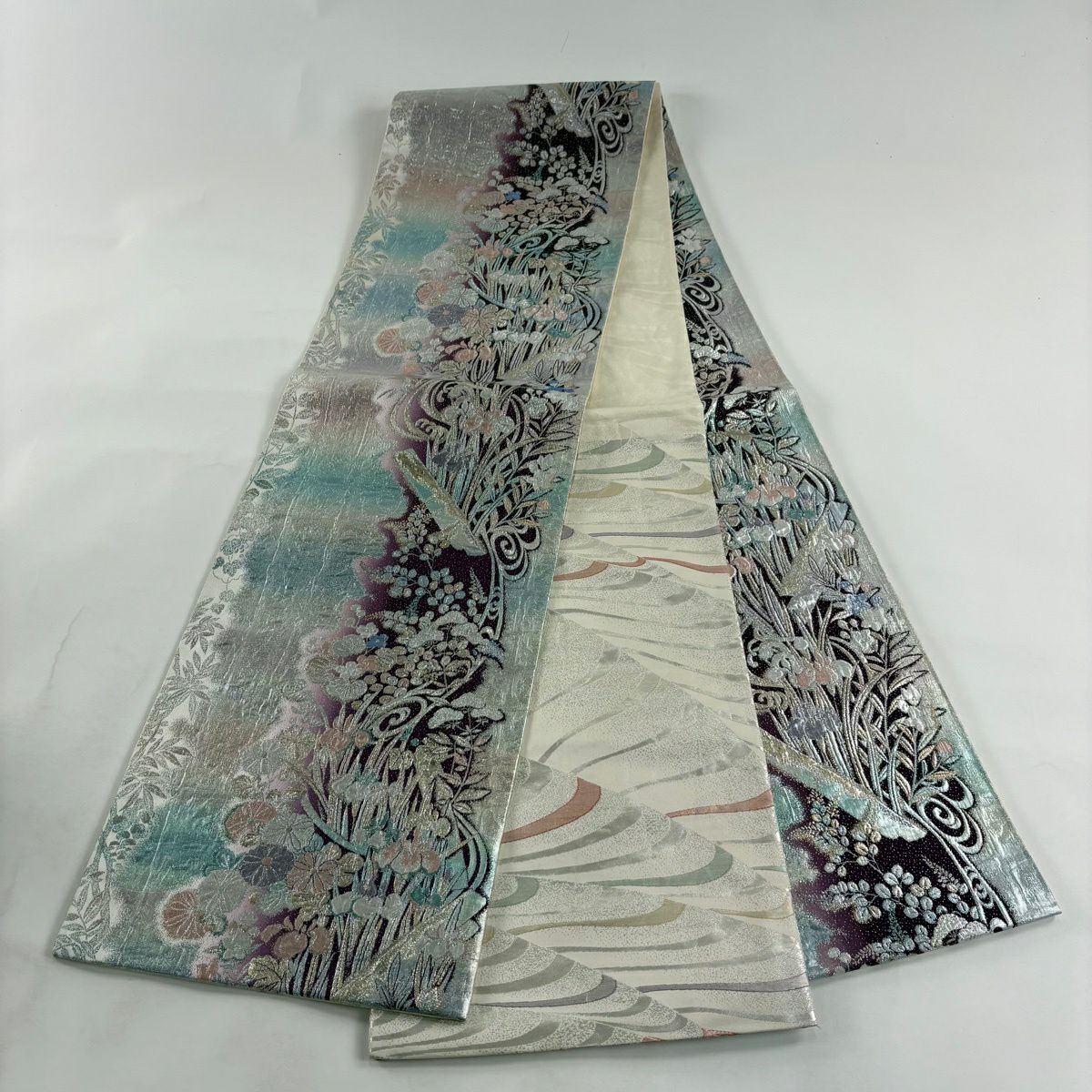 【美品】 袋帶 秀品級 草花紋 紋 流水 金金箔 漸層 紫 全通 純蠶絲