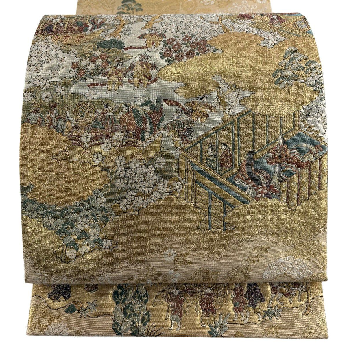 【美品】 袋帶 秀品級 胡蝶船樂文 人物 本金金箔 金色 六通 純蠶絲