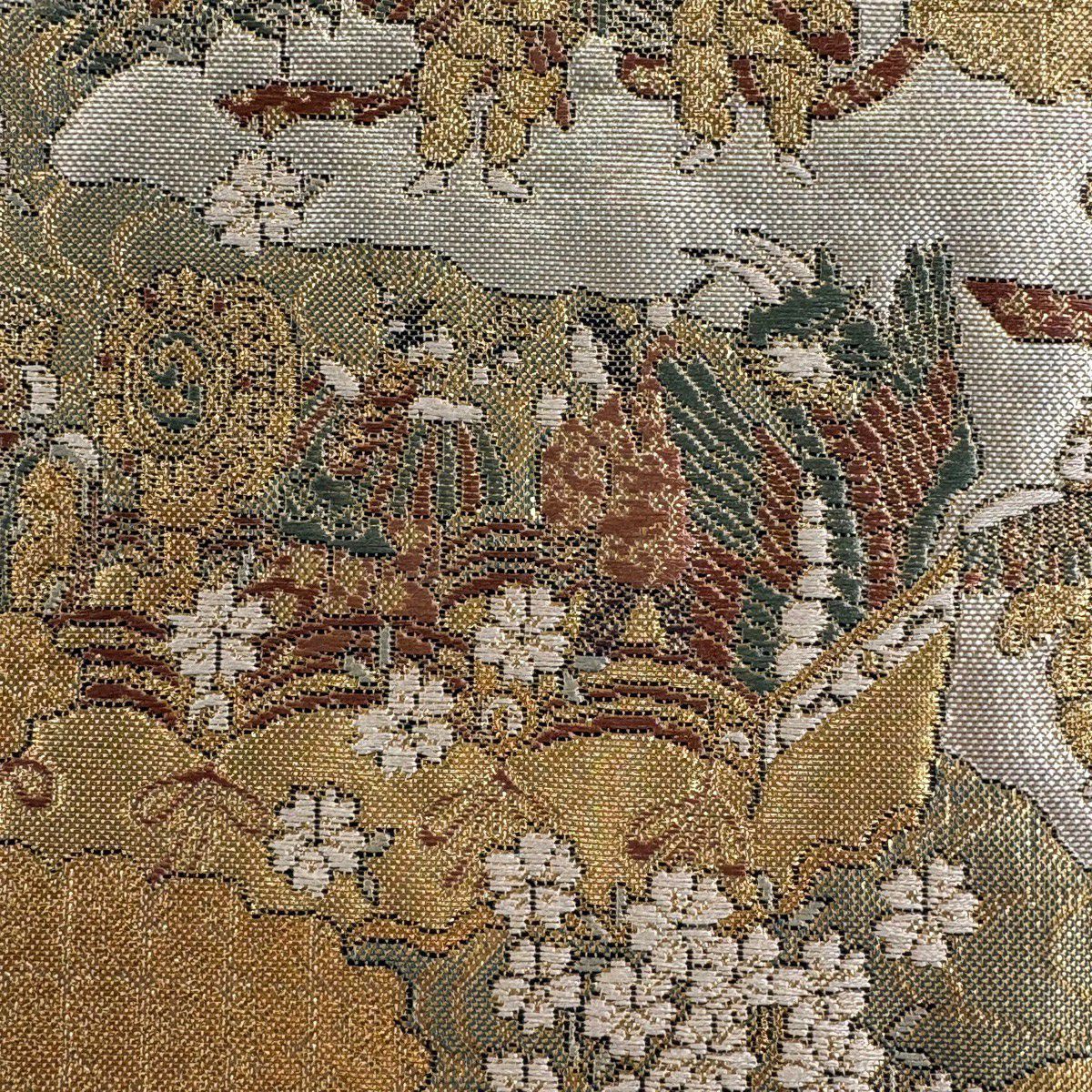 【美品】 袋帶 秀品級 胡蝶船樂文 人物 本金金箔 金色 六通 純蠶絲
