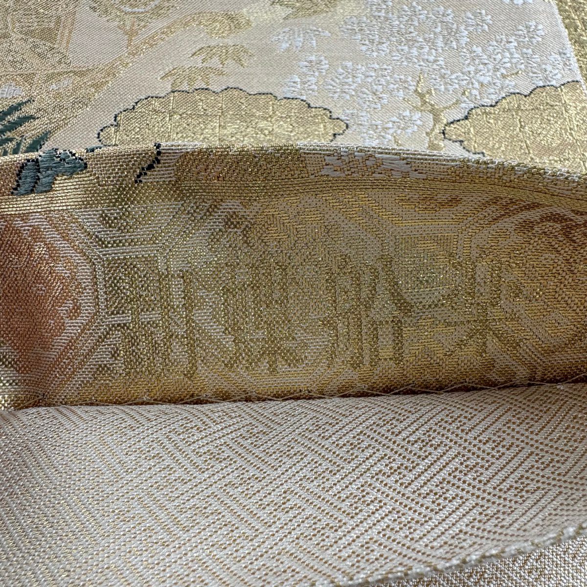 【美品】 袋帶 秀品級 胡蝶船樂文 人物 本金金箔 金色 六通 純蠶絲