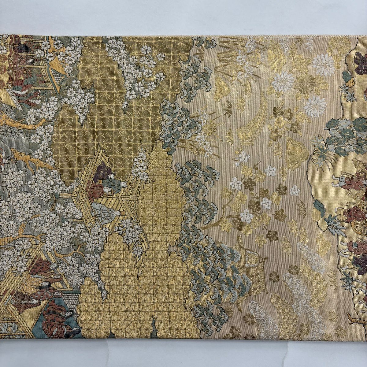 【美品】 袋帶 秀品級 胡蝶船樂文 人物 本金金箔 金色 六通 純蠶絲