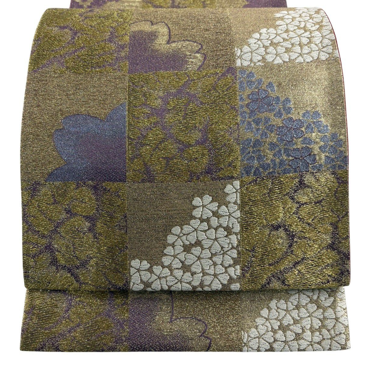 【美品】 袋帶 秀品級 櫻花 格子 金金箔 唐織 紫色 六通 純蠶絲