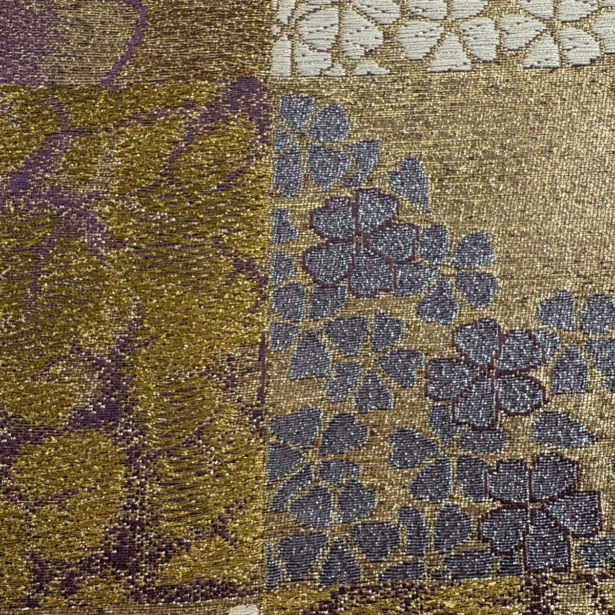 【美品】 袋帶 秀品級 櫻花 格子 金金箔 唐織 紫色 六通 純蠶絲