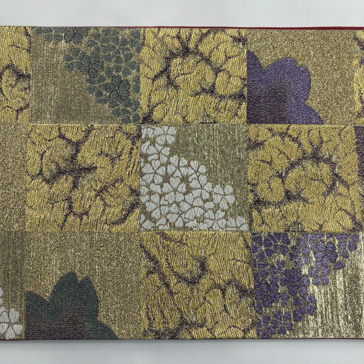 【美品】 袋帶 秀品級 櫻花 格子 金金箔 唐織 紫色 六通 純蠶絲