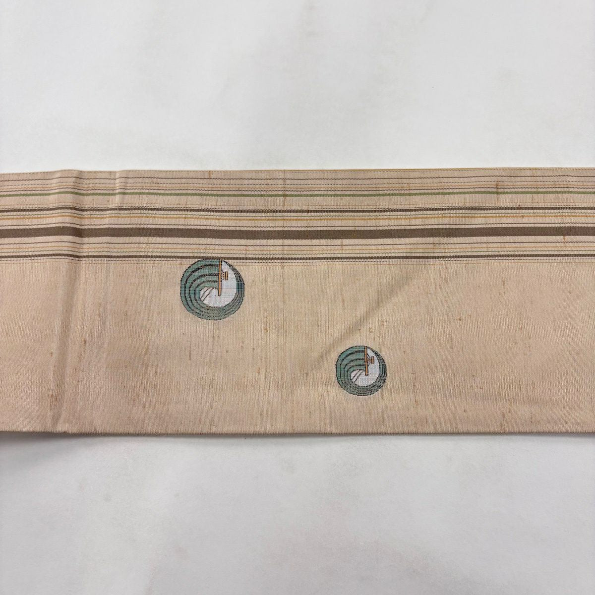 【美品】名古屋帶 秀品級 紬織織 波紋 縞紋 薄茶 純蠶絲