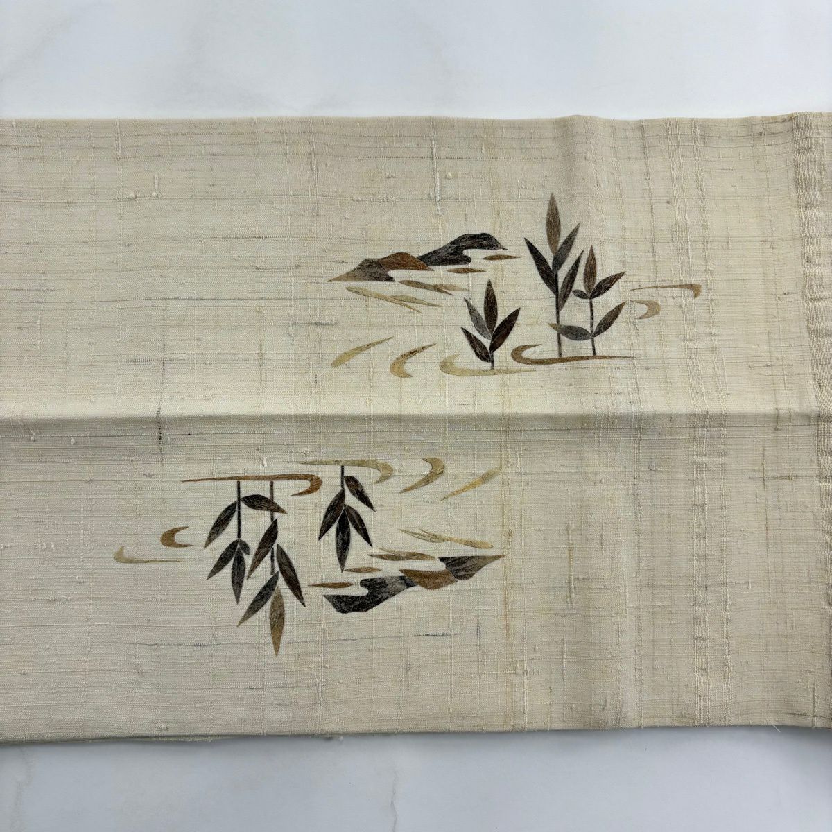 袋帶 秀品級 紬織織 草花紋紋 色紙 奶油色 大鼓圖案 純蠶絲