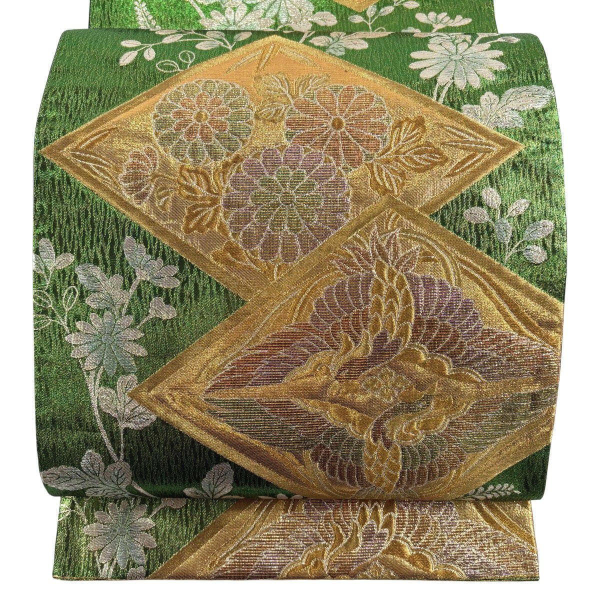 【美品】 袋帶 秀品級 向鳥 菊花 金金箔 綠 六通 純蠶絲