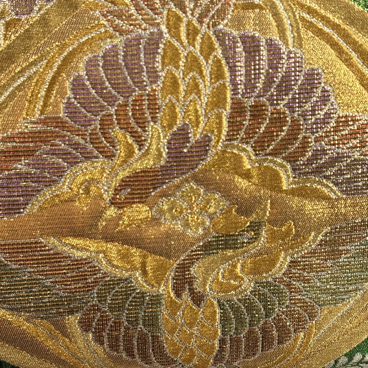 【美品】 袋帶 秀品級 向鳥 菊花 金金箔 綠 六通 純蠶絲