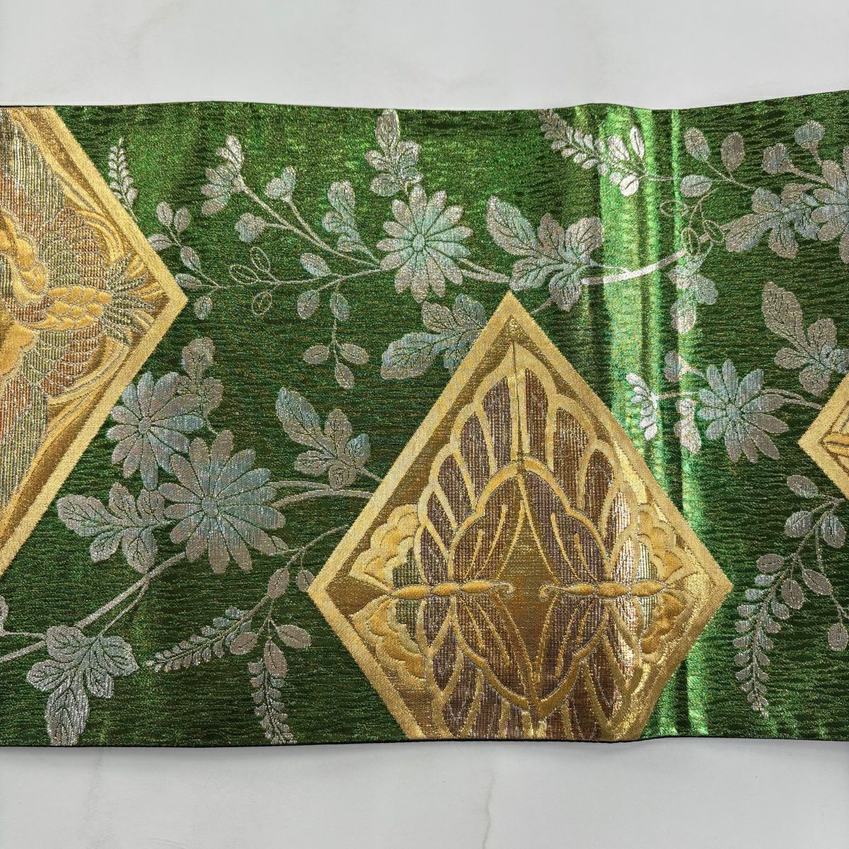 【美品】 袋帶 秀品級 向鳥 菊花 金金箔 綠 六通 純蠶絲