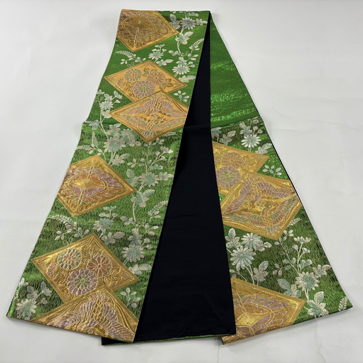 【美品】 袋帶 秀品級 向鳥 菊花 金金箔 綠 六通 純蠶絲