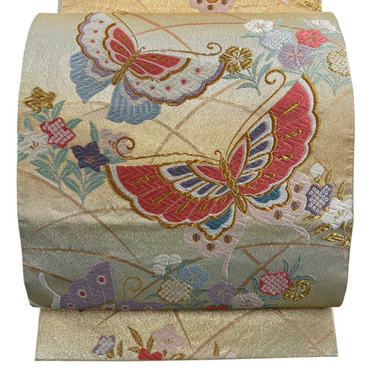 【美品】 袋帶 秀品級 蝶 草花紋 唐織 金金箔 金色 六通 純蠶絲