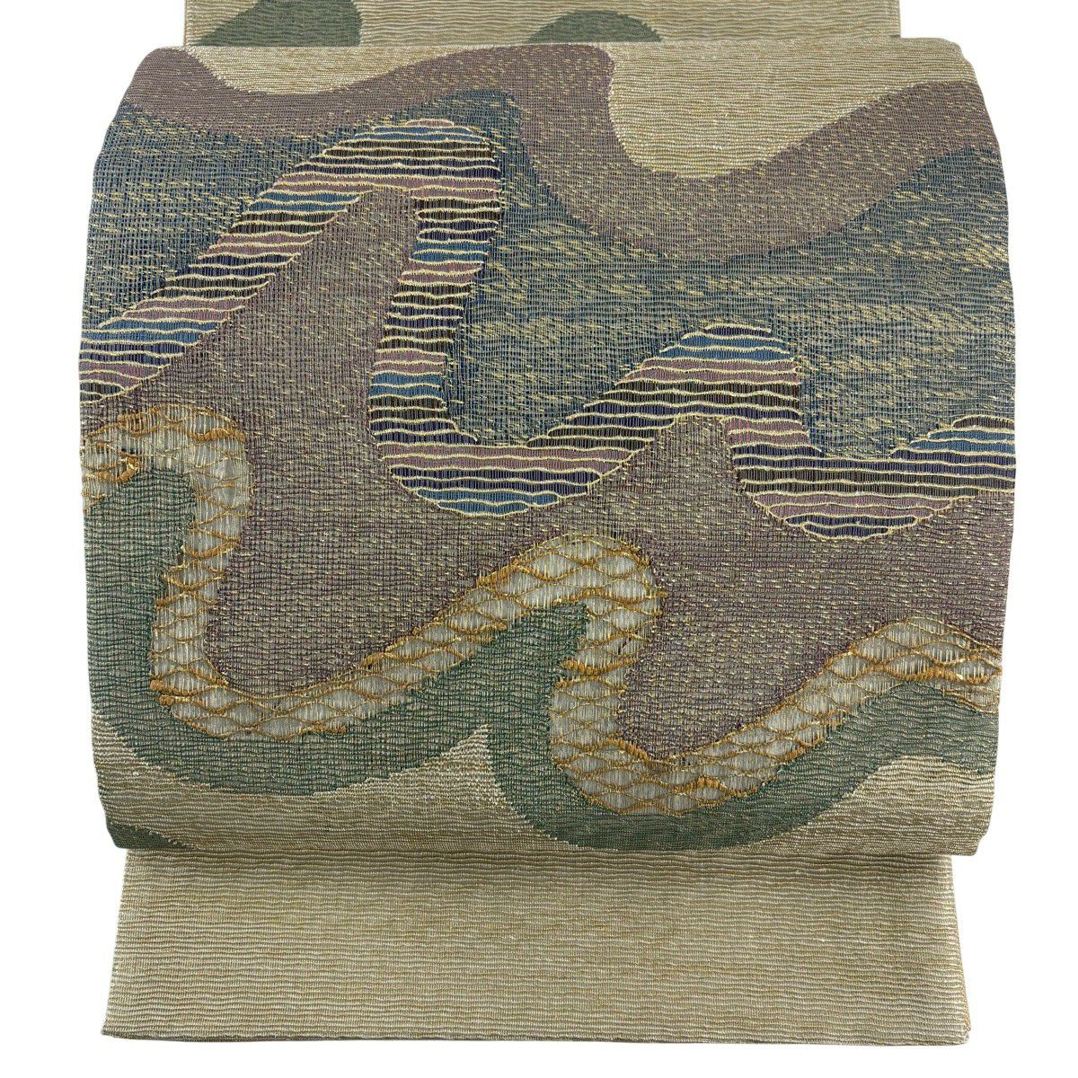 【美品】 袋帶 秀品級 幾何學 金絲 米色 大鼓圖案 純蠶絲