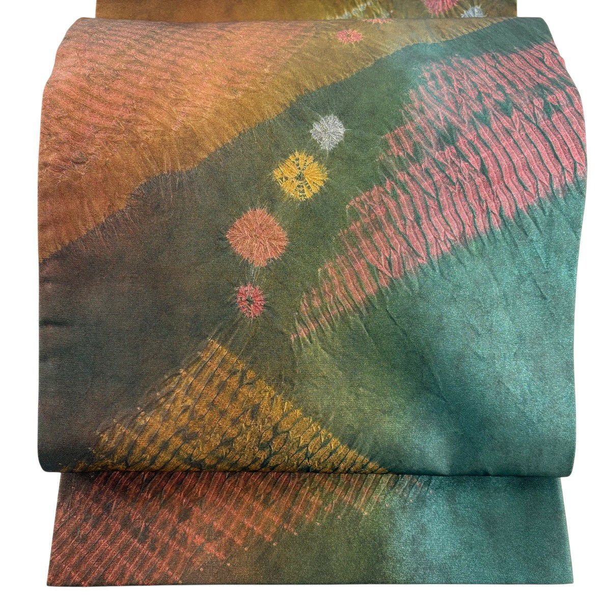 【美品】 袋帶 秀品級 幾何學 絞染 彩 茶綠 深藍色 正蠶絲