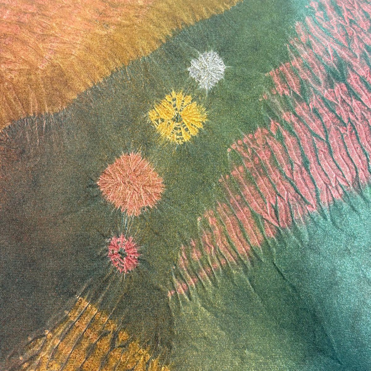 【美品】 袋帶 秀品級 幾何學 絞染 彩 茶綠 深藍色 正蠶絲