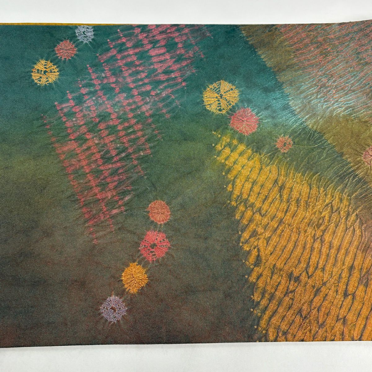 【美品】 袋帶 秀品級 幾何學 絞染 彩 茶綠 深藍色 正蠶絲