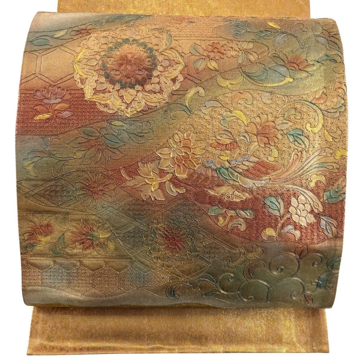 袋帶 秀品級 華紋 花鳥 刺繡 金金箔 金色 大鼓圖案 純蠶絲