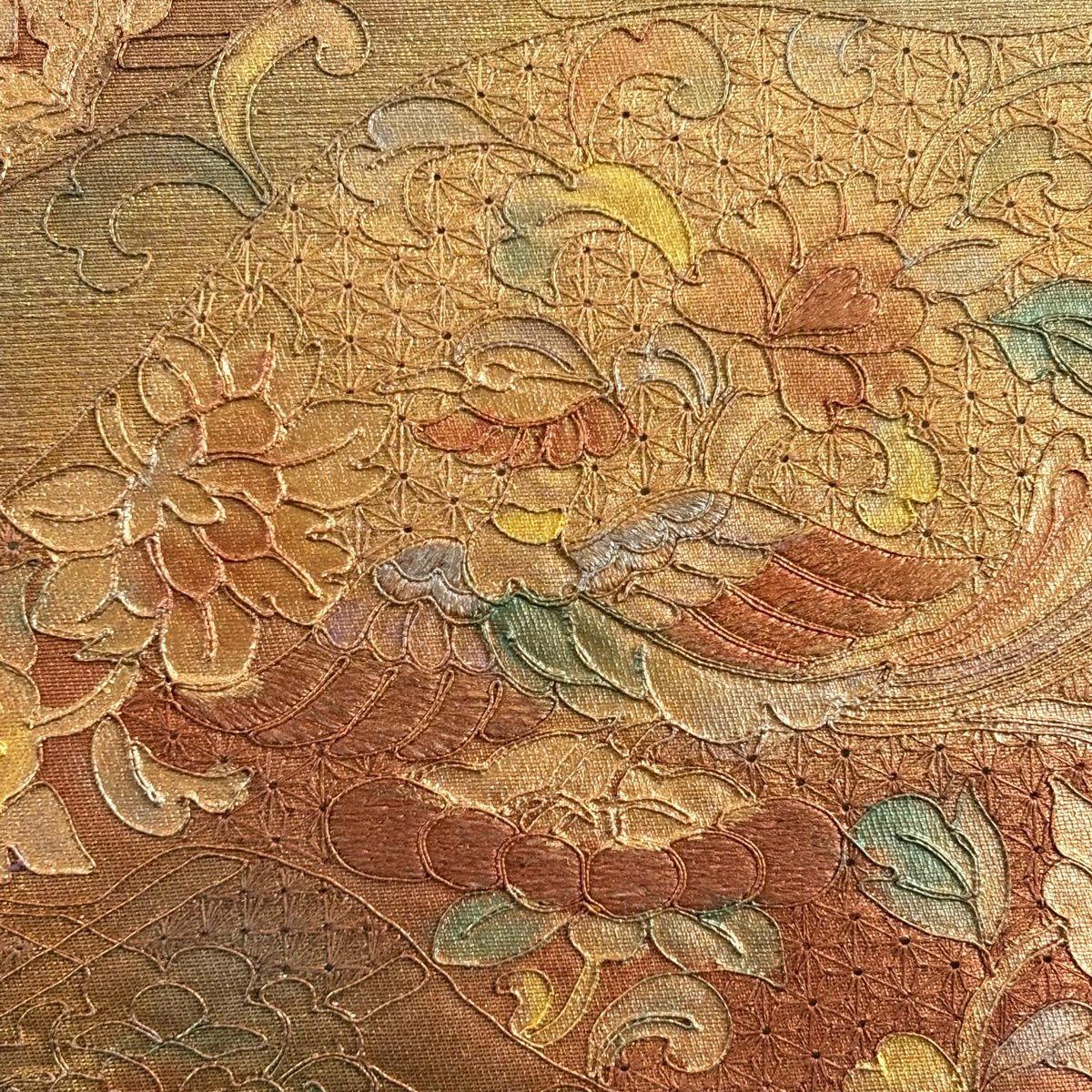 袋帶 秀品級 華紋 花鳥 刺繡 金金箔 金色 大鼓圖案 純蠶絲