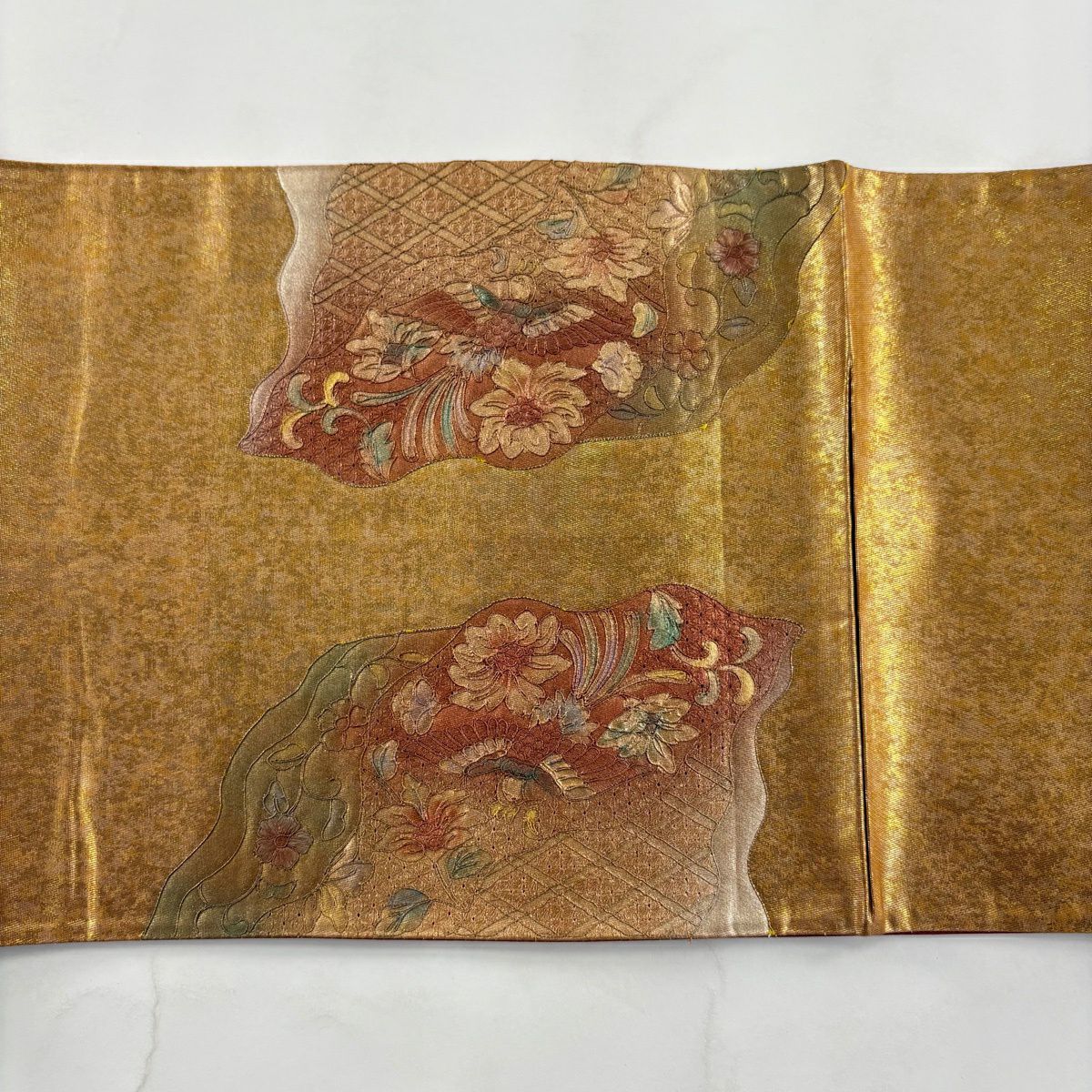 袋帶 秀品級 華紋 花鳥 刺繡 金金箔 金色 大鼓圖案 純蠶絲
