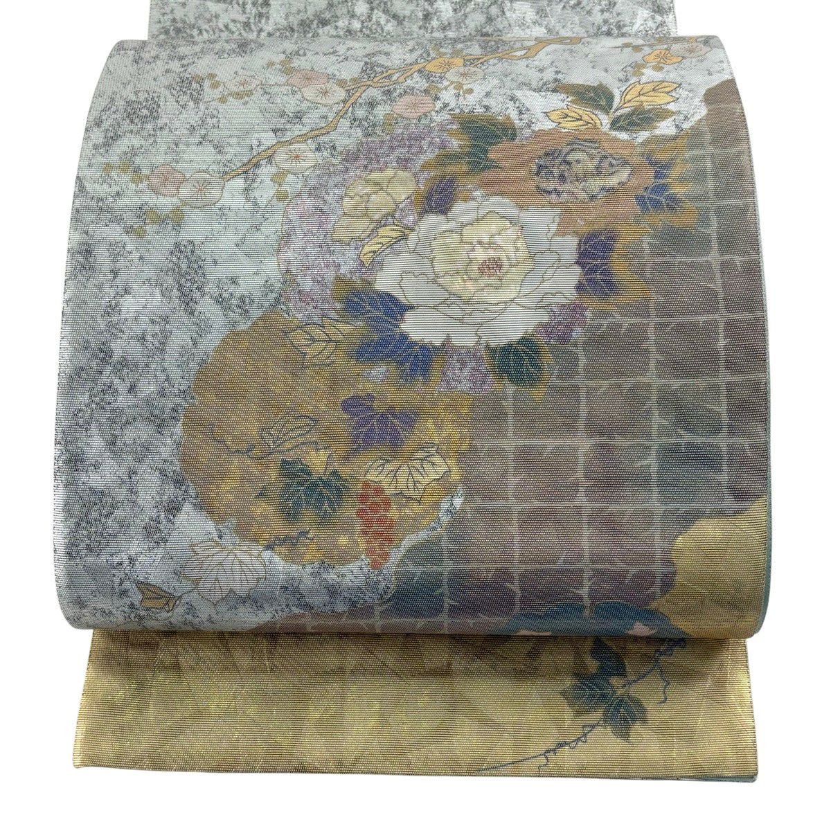 【美品】 袋帶 秀品級 牡丹 雪輪 金金箔 灰 深藍色 お太鼓柄 純蠶絲
