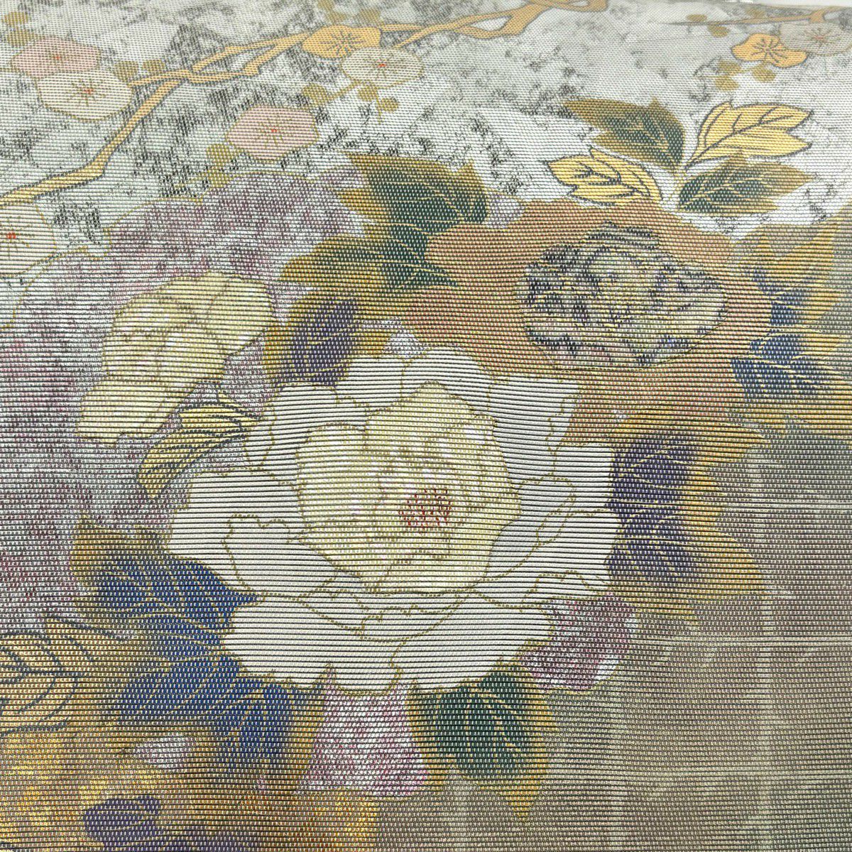 【美品】 袋帶 秀品級 牡丹 雪輪 金金箔 灰 深藍色 お太鼓柄 純蠶絲