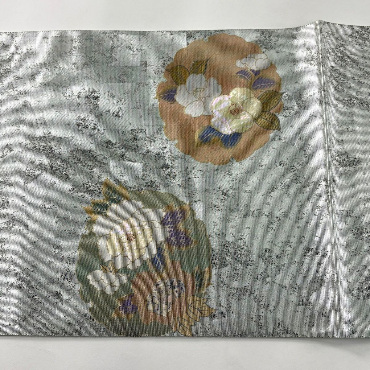 【美品】 袋帶 秀品級 牡丹 雪輪 金金箔 灰 深藍色 お太鼓柄 純蠶絲