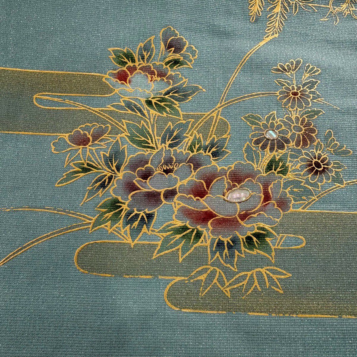 名古屋帶 秀品級 草花紋紋 霞 螺鈿 金銀彩 淺綠 純蠶絲