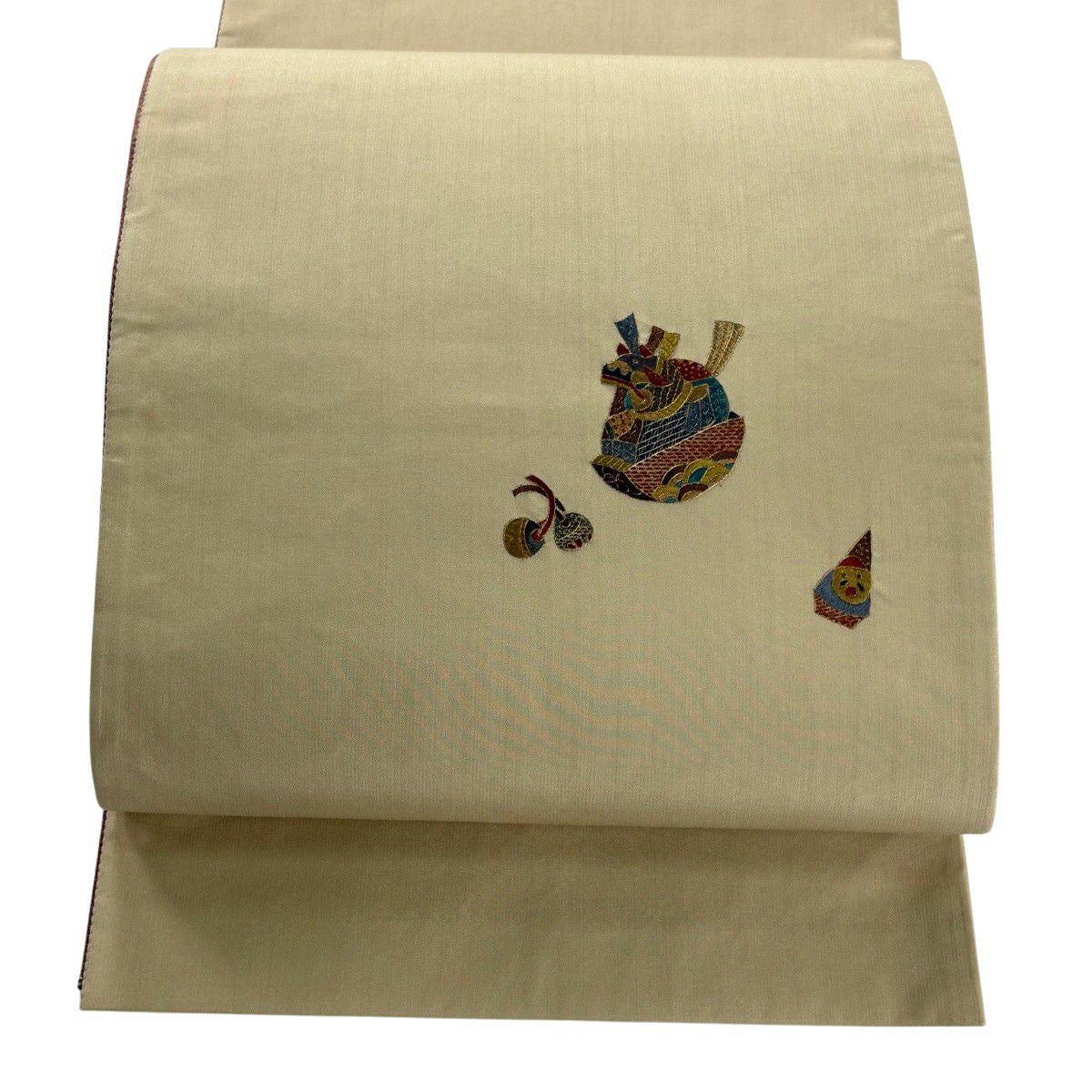 【美品】 袋帶 秀品級 玩具 金絲 刺繡 米色 大鼓圖案 純蠶絲