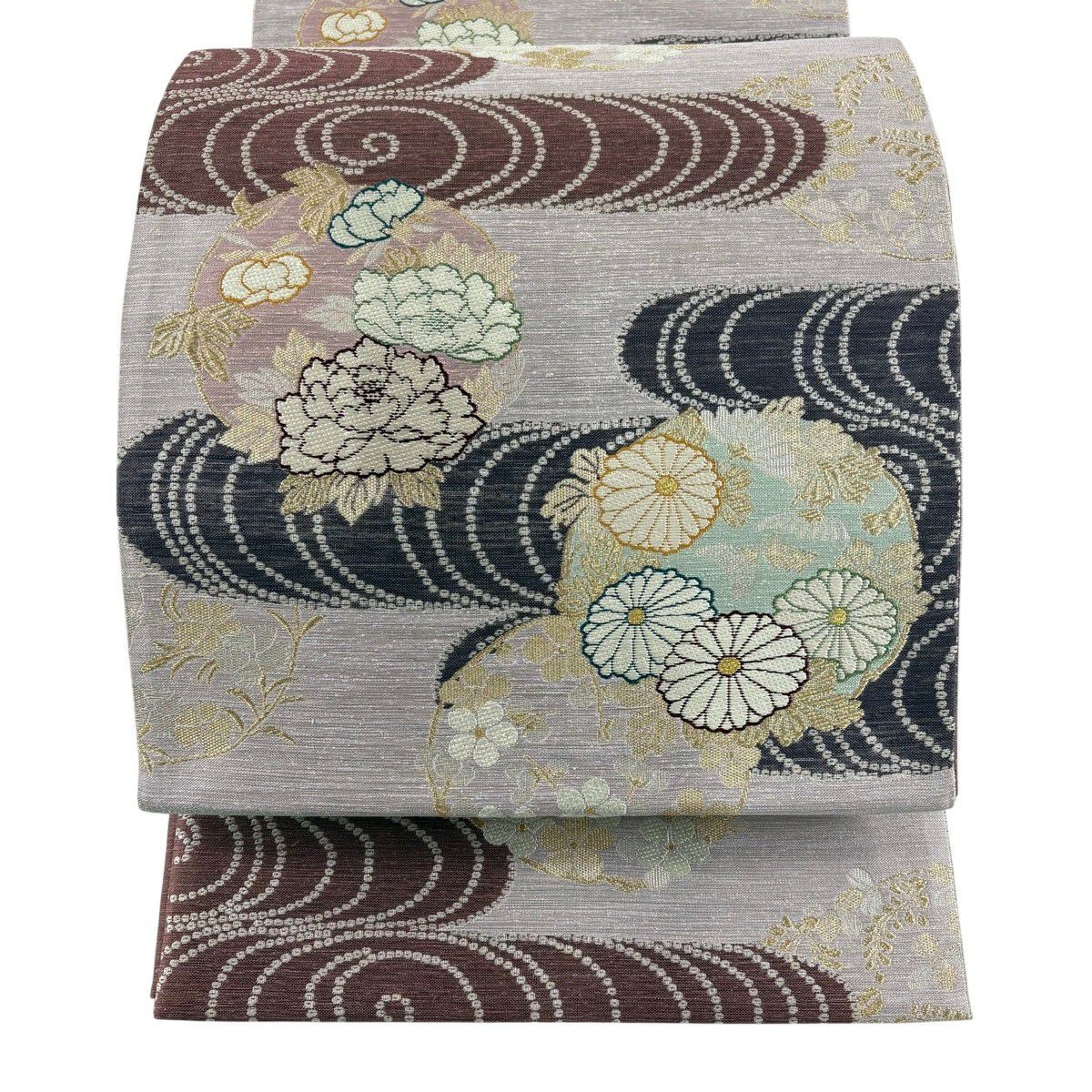 【美品】 袋帶 秀品級 花丸紋 観世水 金絲 金金箔 淺紫 六通 純蠶絲