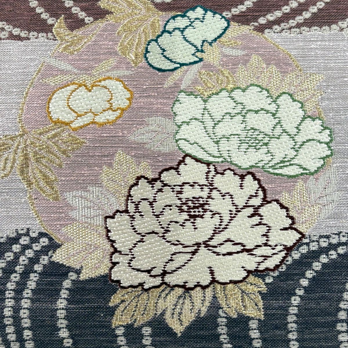 【美品】 袋帶 秀品級 花丸紋 観世水 金絲 金金箔 淺紫 六通 純蠶絲