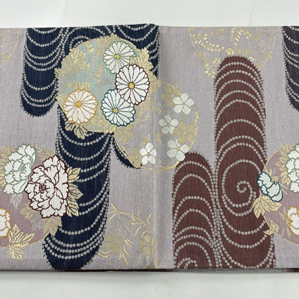 【美品】 袋帶 秀品級 花丸紋 観世水 金絲 金金箔 淺紫 六通 純蠶絲