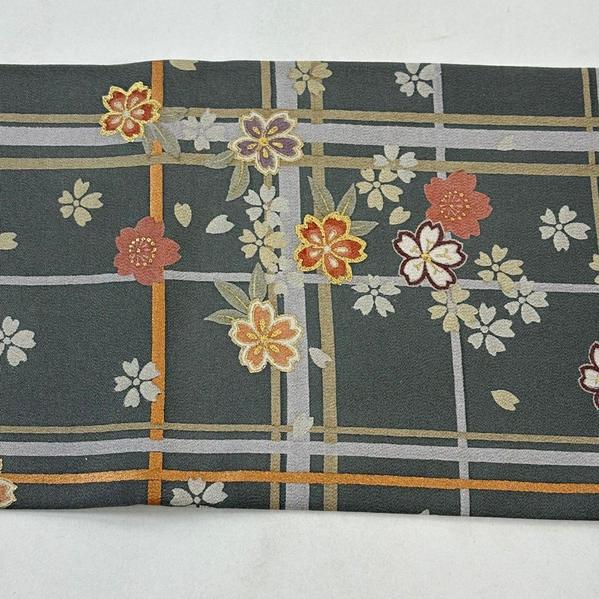 名古屋帶 秀品級 櫻花 格子 金銀彩 灰綠 純蠶絲